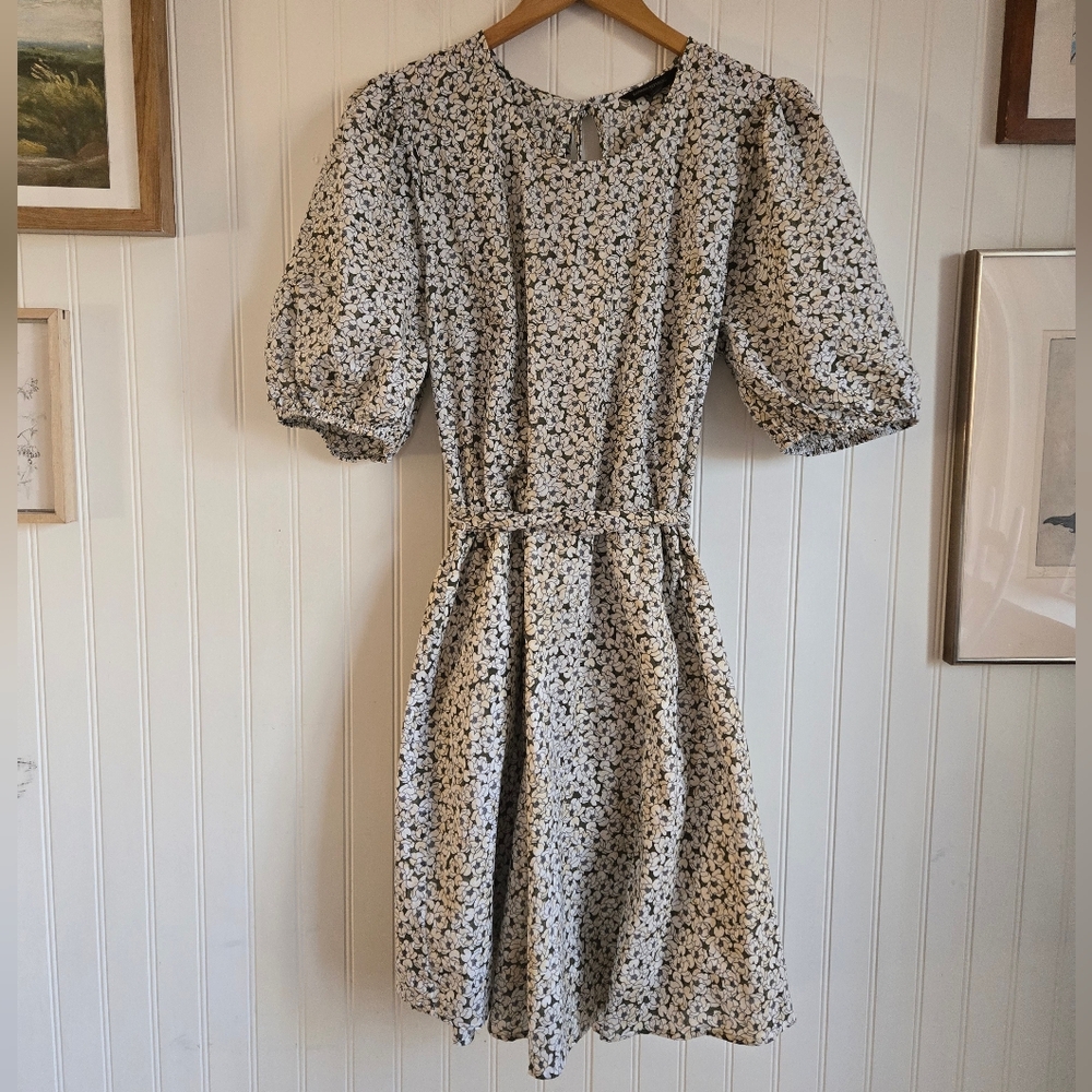 Banana Republic Puff-Sleeve Midi Dress in Cream with Green Floral Print